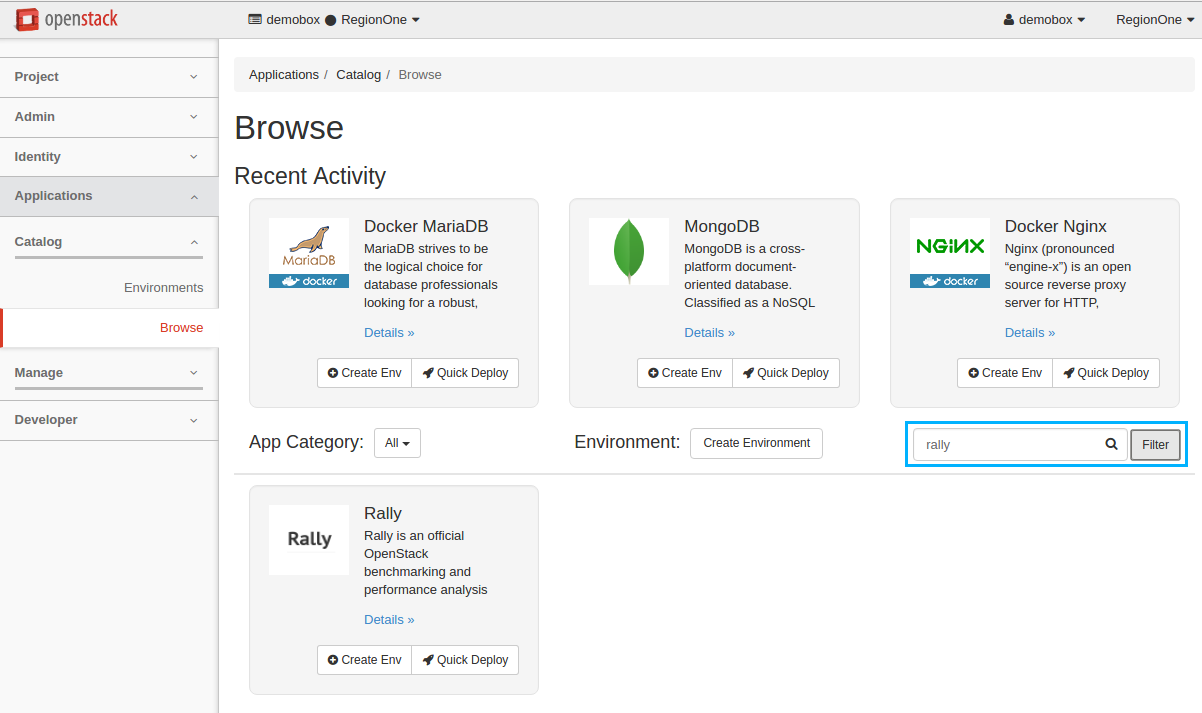 Applications page: Filter